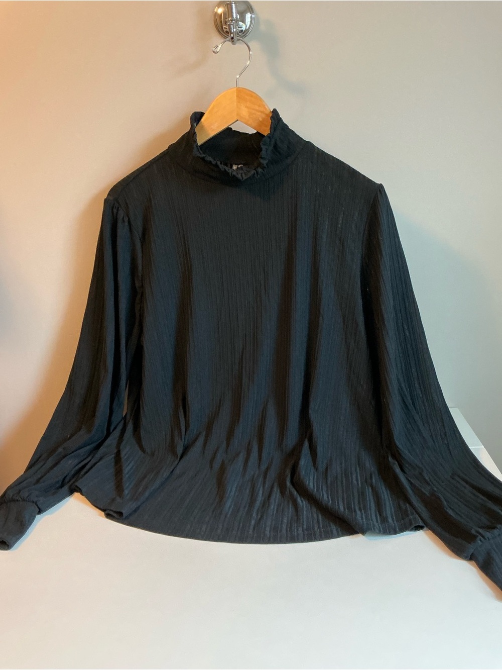 Anthropologie Black Ruffled Mock-Neck Long Sleeve Blouse